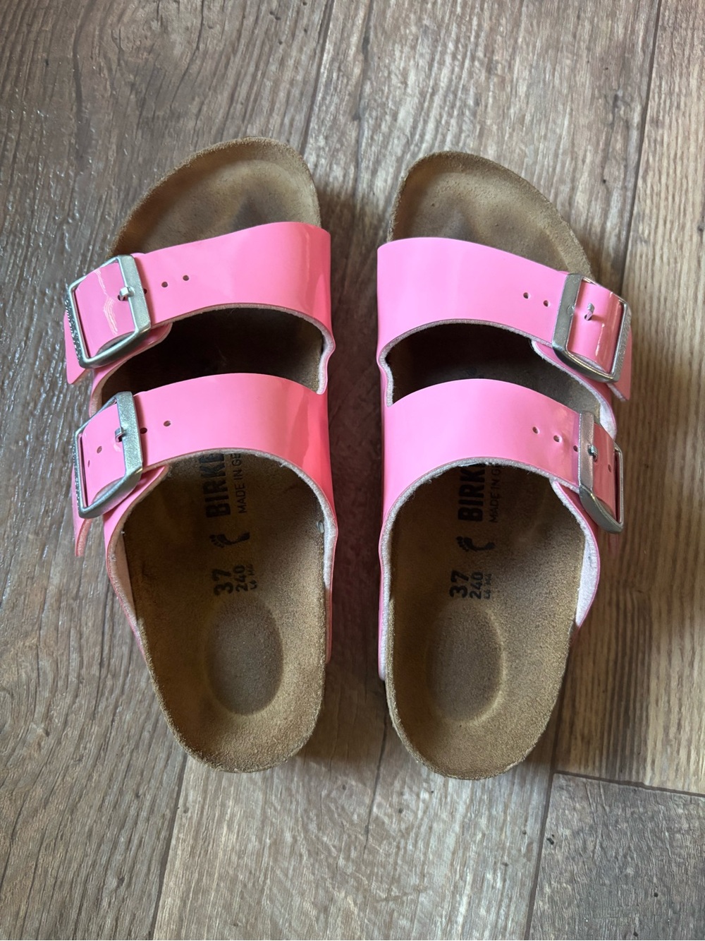 Birkenstock Arizona Patent Pink Sandals Womens 6 EU 37 Double Buckle Slide